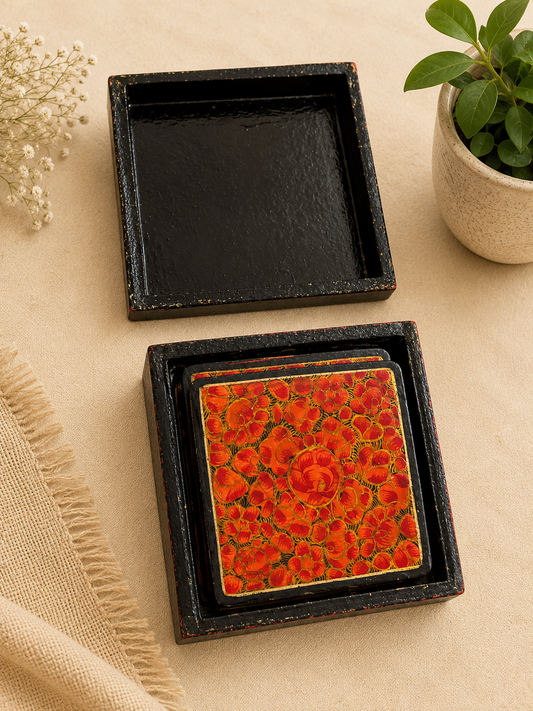 Handcrafted Paper & Ceramic Square Tea Coaster Set with Storage Box – Traditional Floral Design (Set of 6)