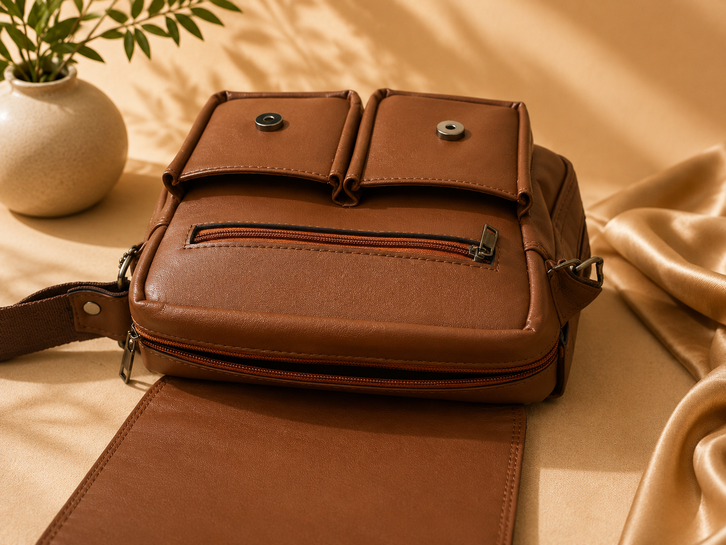 Ambur Genuine Leather Men’s Crossbody Side Bag – Classic Tan Brown