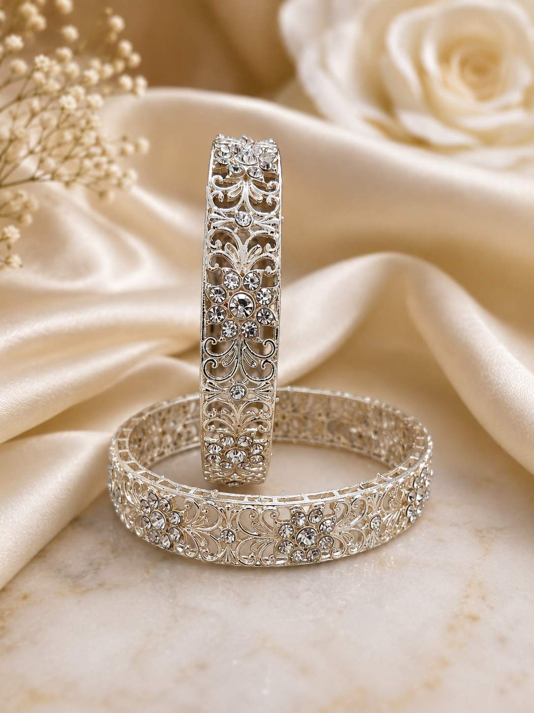 Elegant Silver Floral Crystal Bangle Set