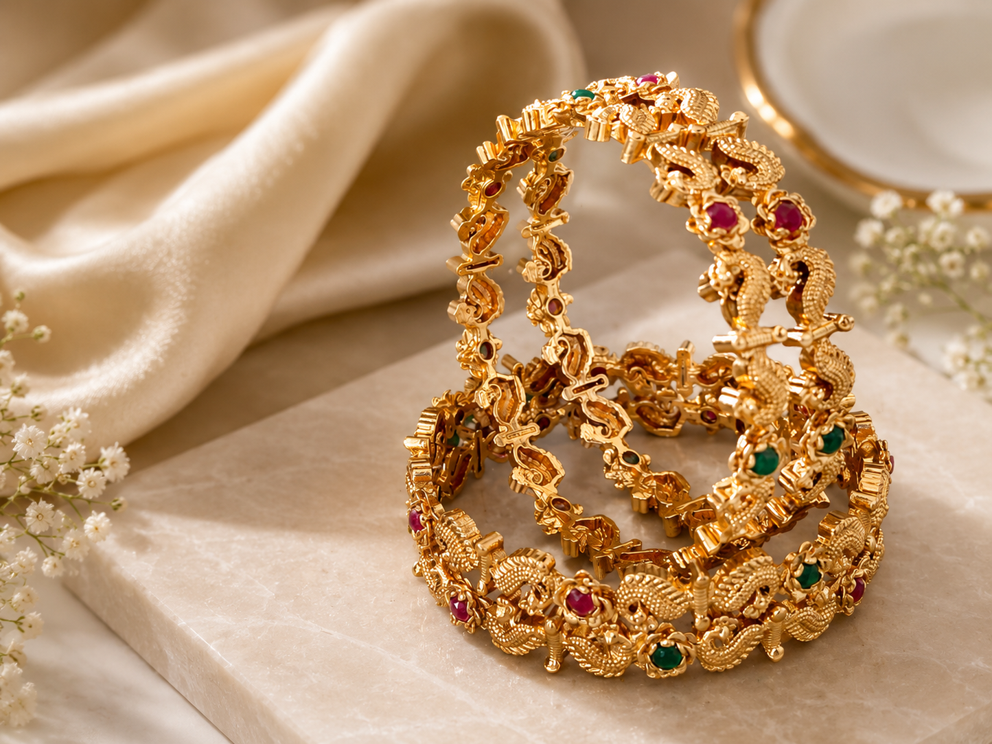 Elegant Peacock Design Gold-Tone Bangles