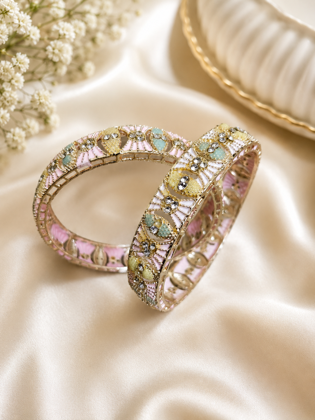 Elegant Pink & Mint Stone Designer Bangles