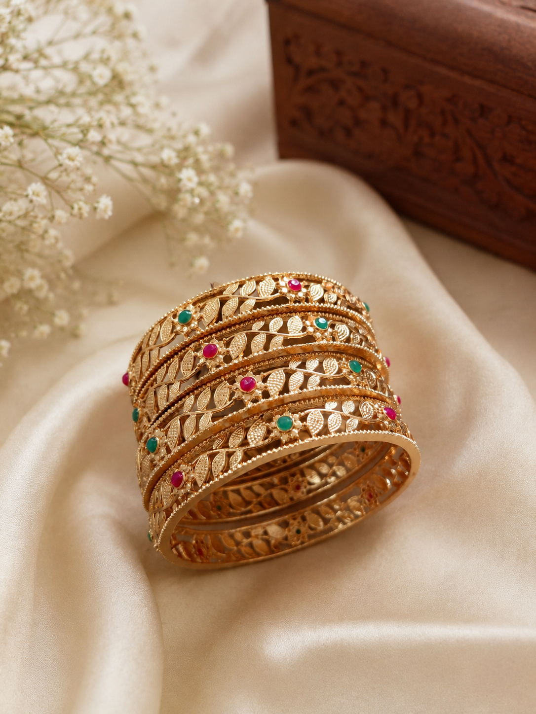 Elegant Multicolor Leaf Design Gold-Tone Bangles