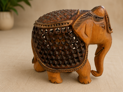 Handcrafted Wooden Elephant Figurine – Intricately Carved Decorative Showpiece