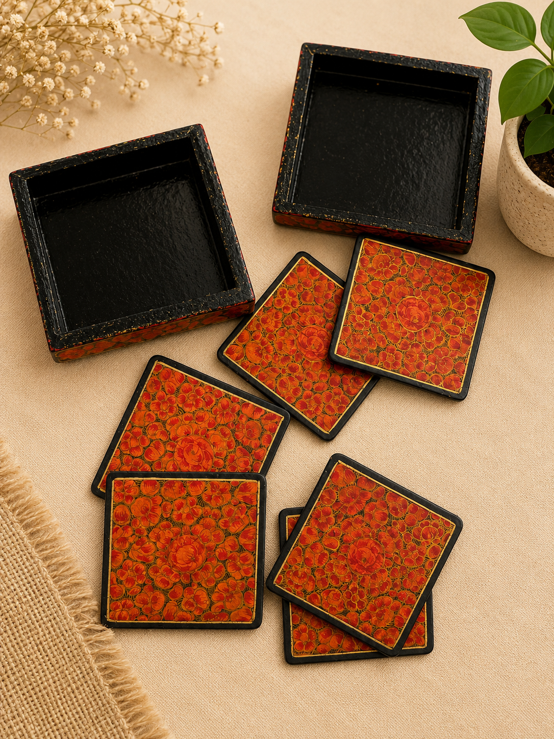 Handcrafted Paper & Ceramic Square Tea Coaster Set with Storage Box – Traditional Floral Design (Set of 6)
