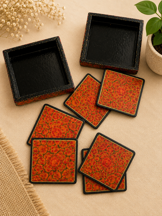 Handcrafted Paper & Ceramic Square Tea Coaster Set with Storage Box – Traditional Floral Design (Set of 6)