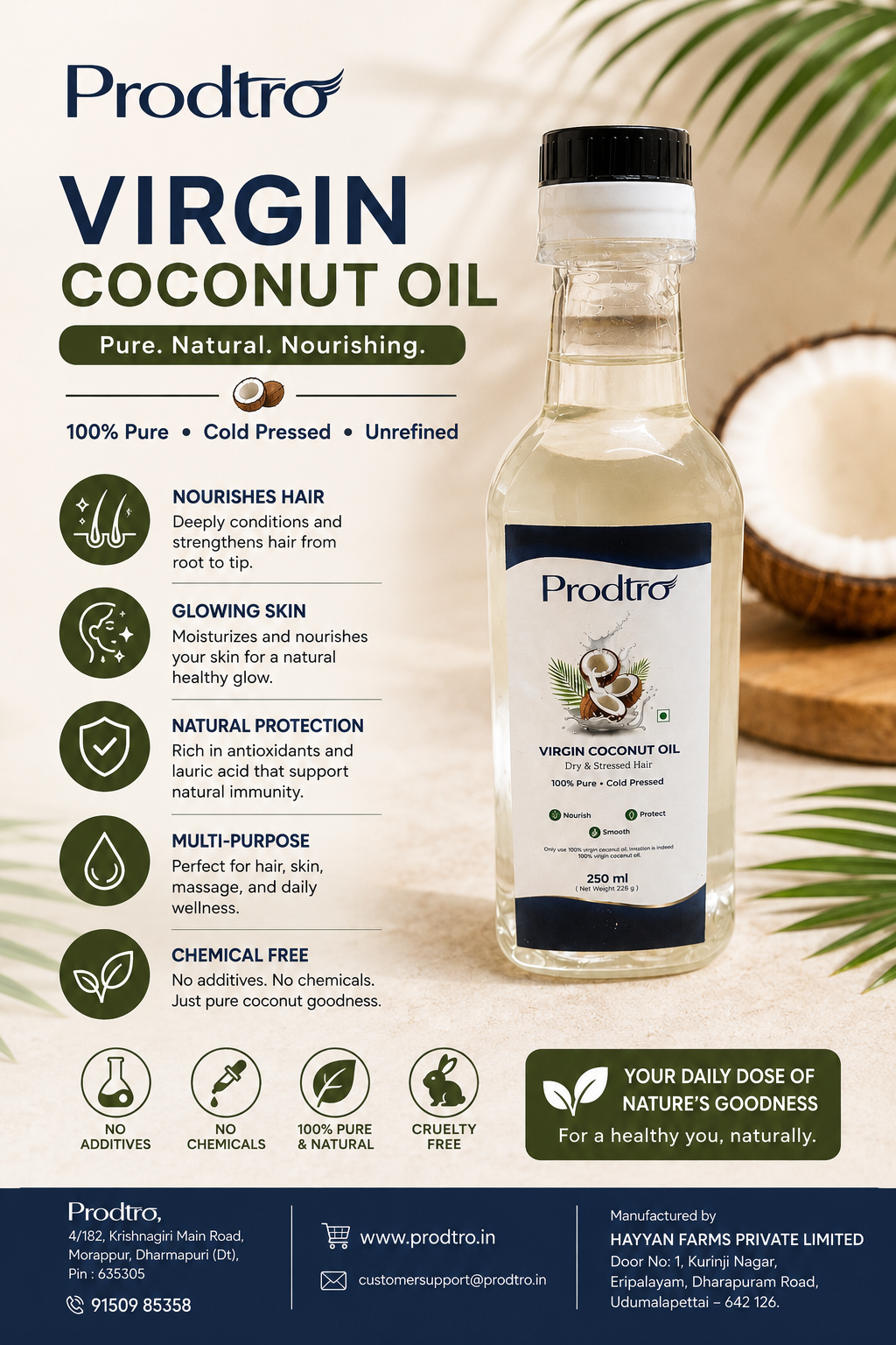 Prodtro Virgin Coconut Oil – 100% Pure Cold-Pressed | 250 ml