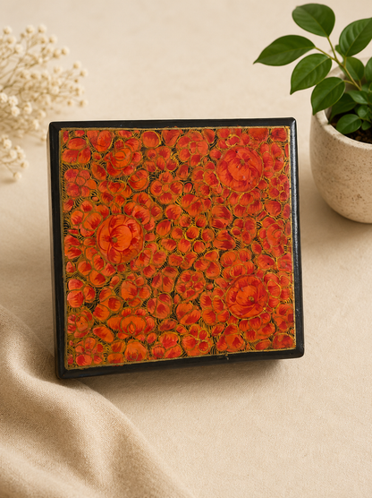 Handcrafted Paper & Ceramic Square Tea Coaster Set with Storage Box – Traditional Floral Design (Set of 6)