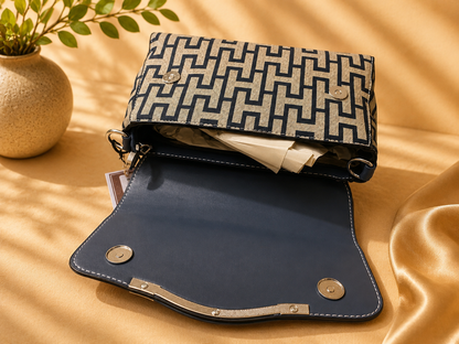 Elegant Geometric Print Women’s Sling Bag – Beige & Navy Blue (original Leather)