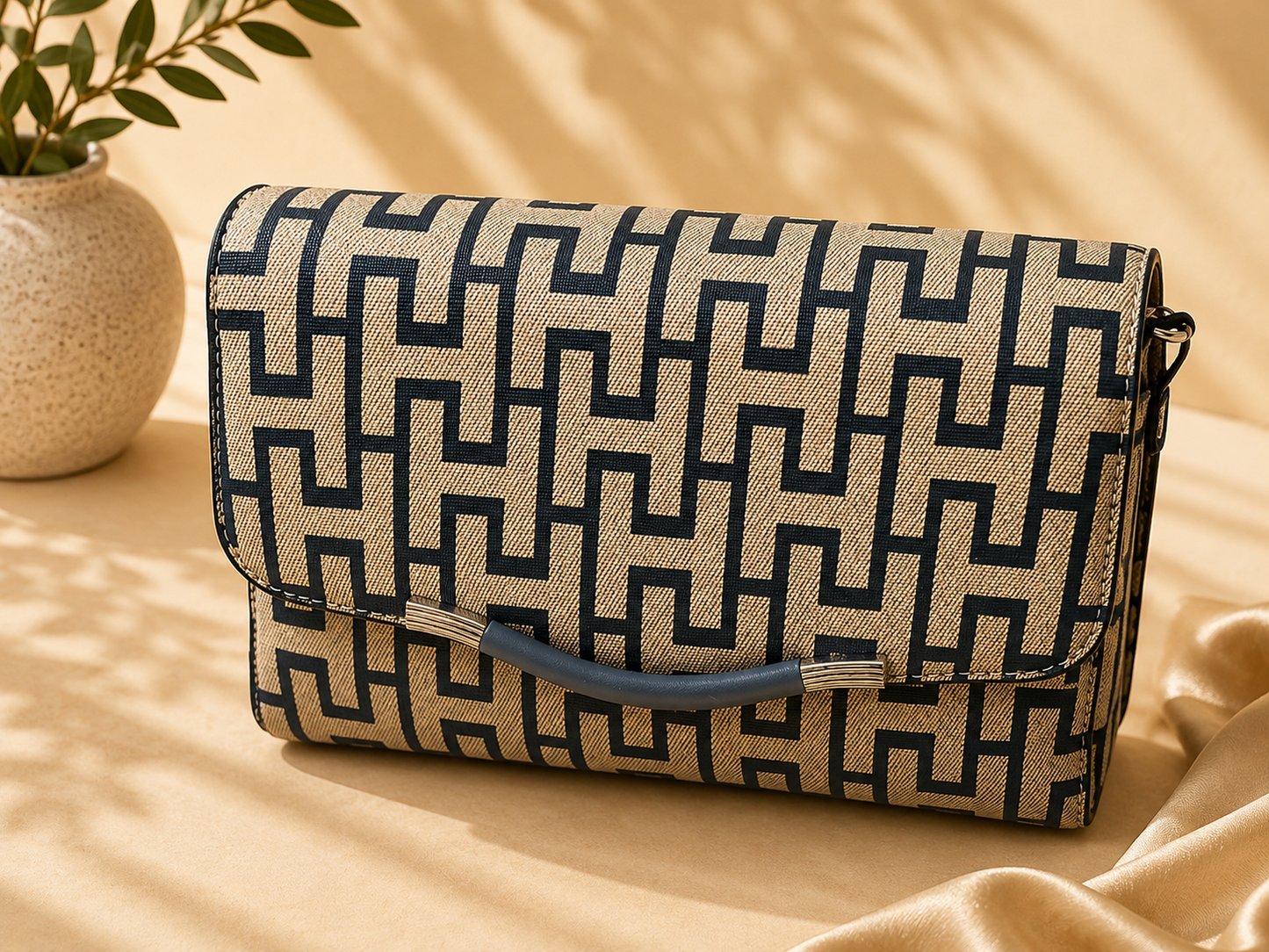 Elegant Geometric Print Women’s Sling Bag – Beige & Navy Blue (original Leather)