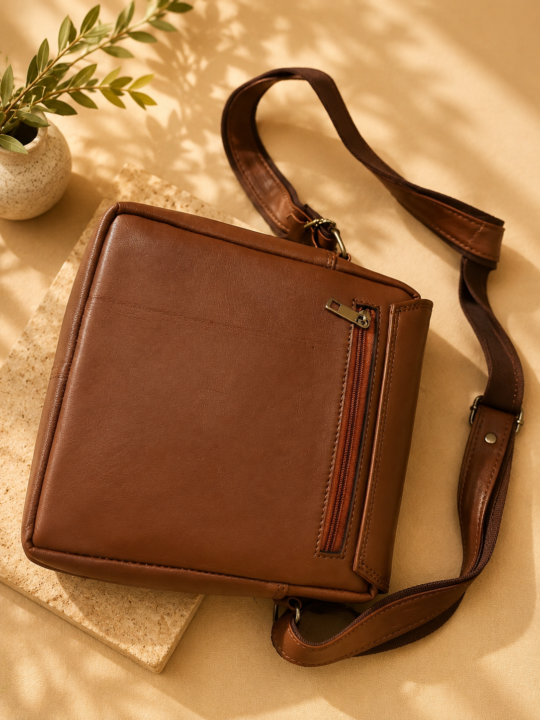 Ambur Genuine Leather Men’s Crossbody Side Bag – Classic Tan Brown