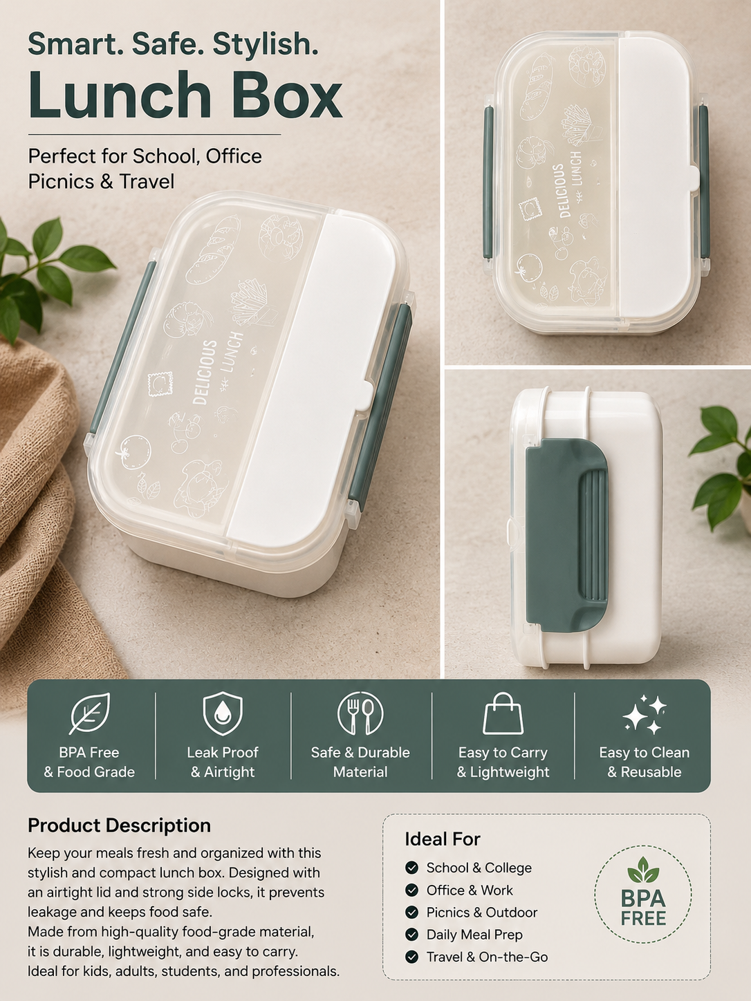 1L Premium Airtight Lunch Box with Side Locks & Cutlery Compartment | BPA-Free Food Storage Box