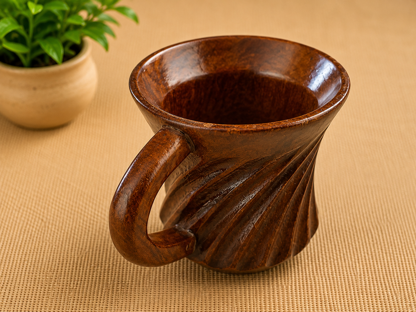 Handcrafted Wooden Coffee Mug – Artisan Carved Wooden Tea Cup curved