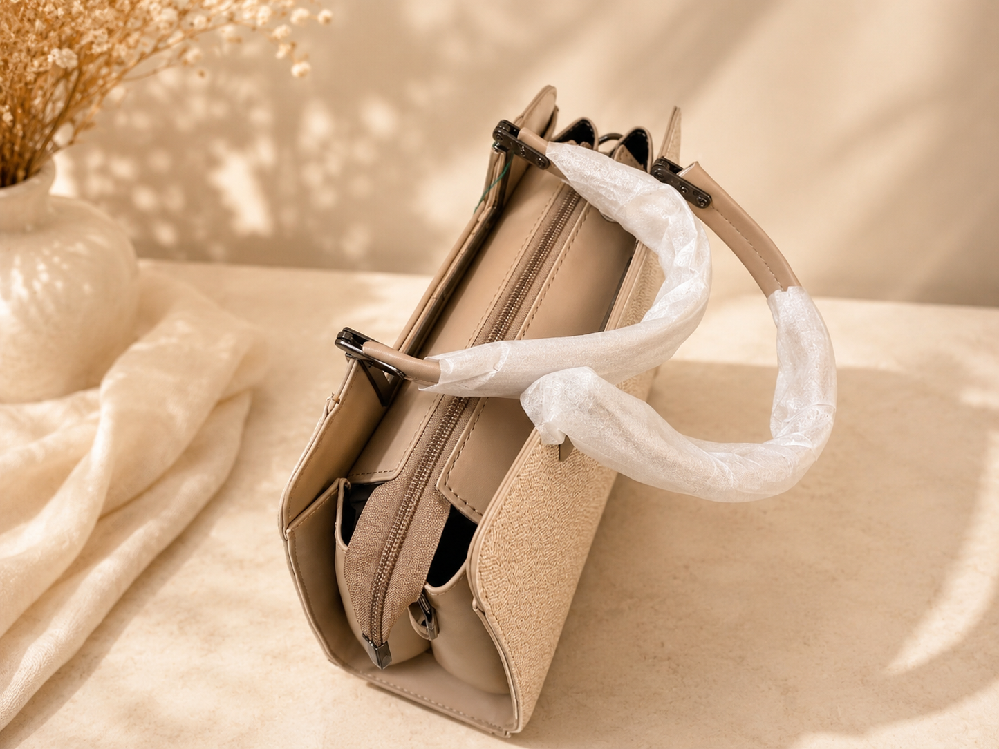 Elegant Beige Textured Handbag for Women