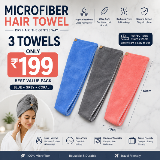 Prodtro Microfiber Hair Towel – Pack of 3 | Quick-Dry Hair Wrap
