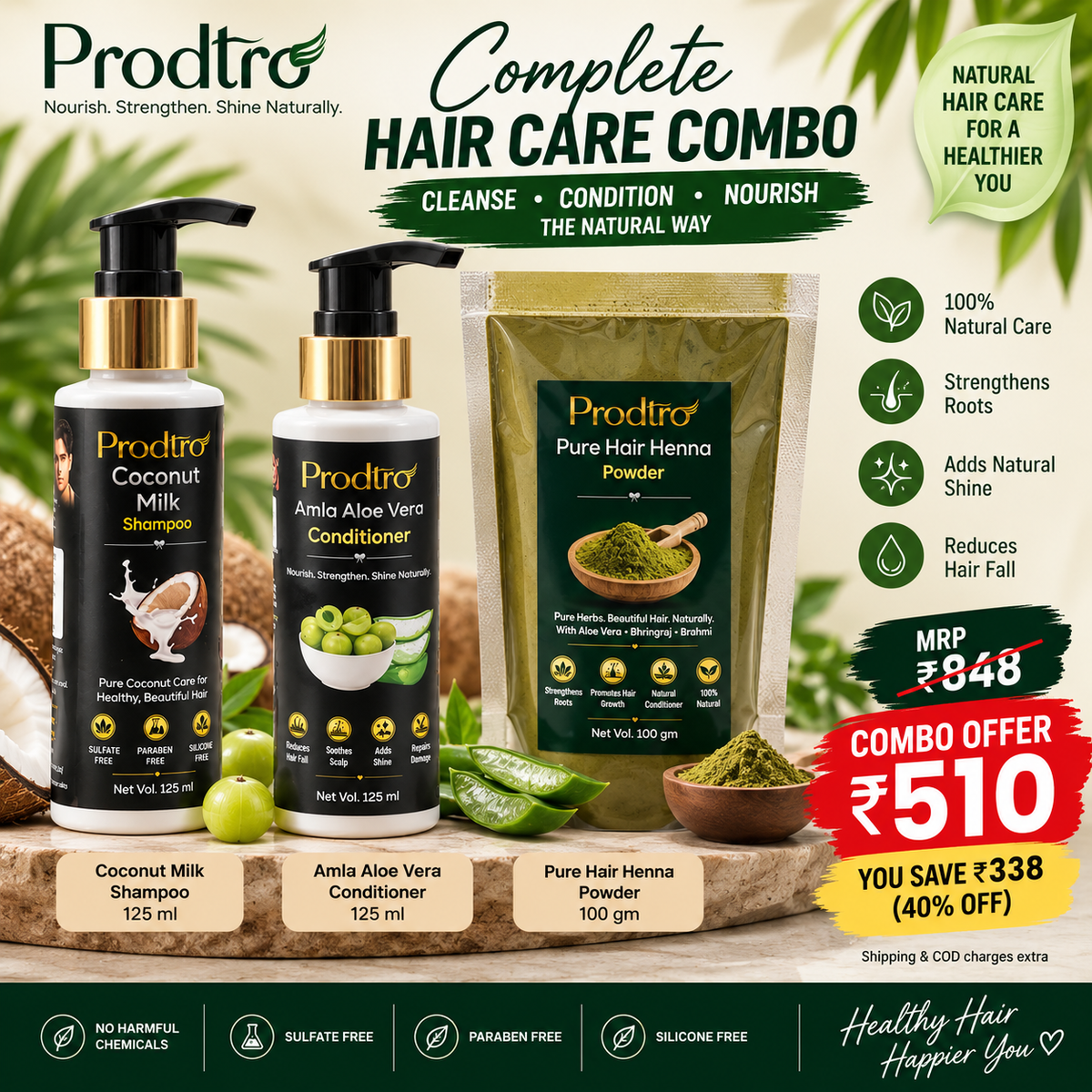 Prodtro Complete Hair Care Combo | Coconut Milk Shampoo 125 ml + Amla Aloe Vera Conditioner 125 ml + Pure Hair Henna Powder 100 gm | Natural Hair Care Kit