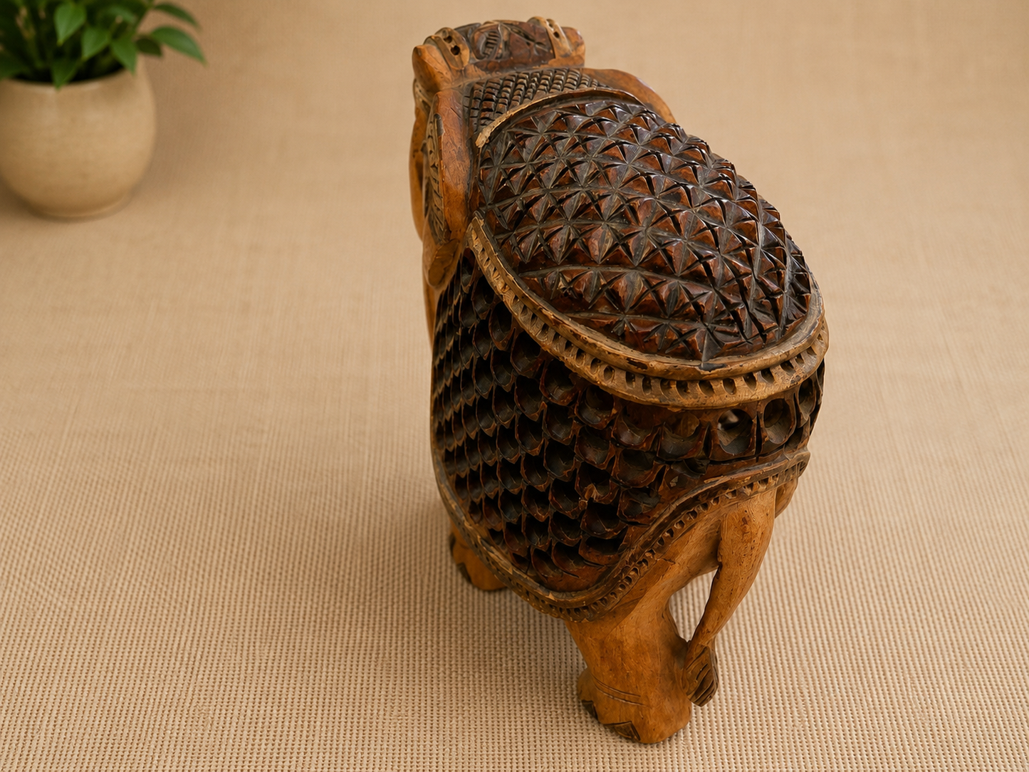 Handcrafted Wooden Elephant Figurine – Intricately Carved Decorative Showpiece