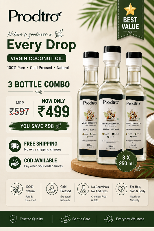Prodtro Virgin Coconut Oil – 3 Bottle Combo | 100% Pure Cold-Pressed | 3 × 250 ml | Free Shipping |