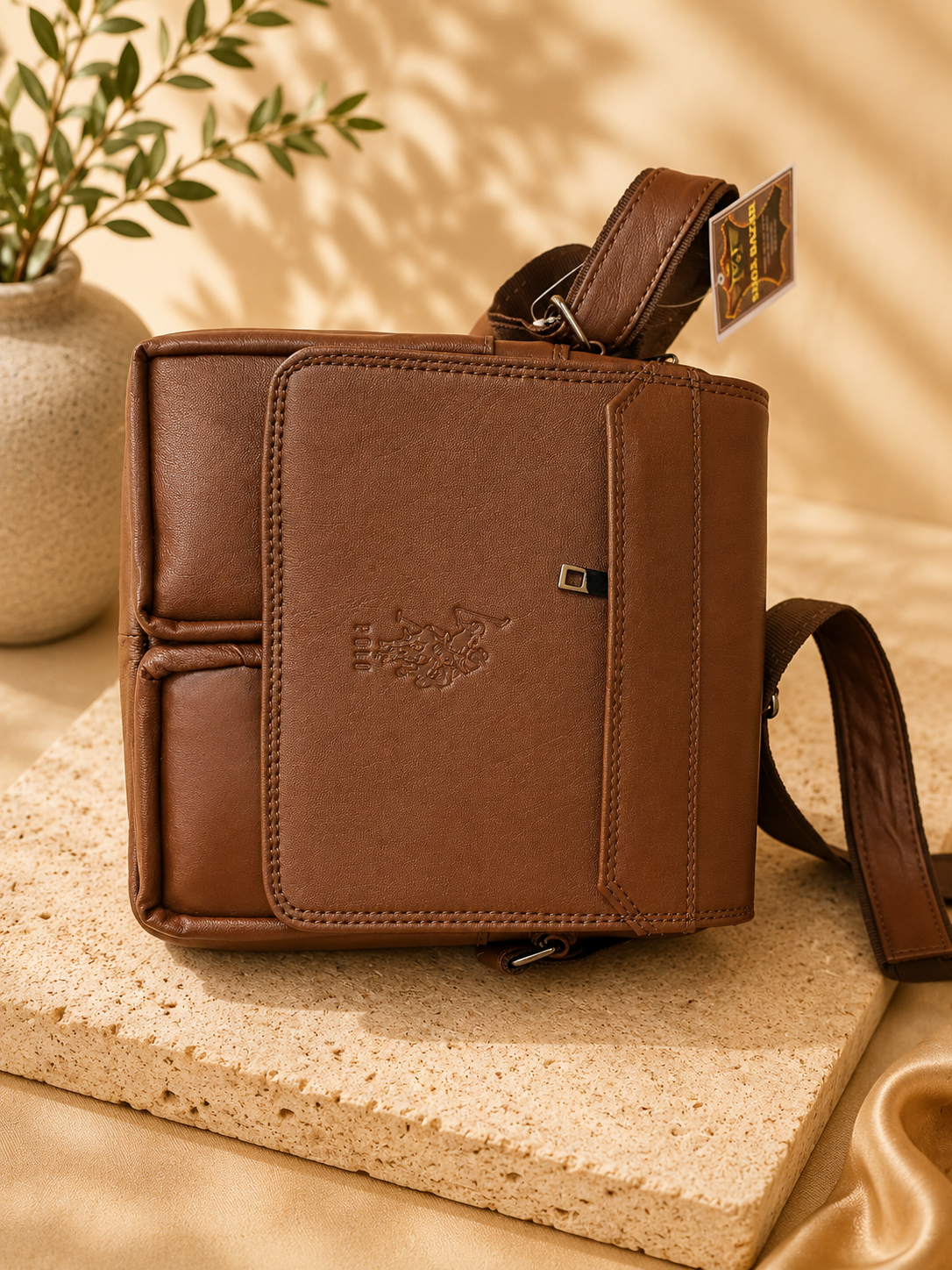 Ambur Genuine Leather Men’s Crossbody Side Bag – Classic Tan Brown