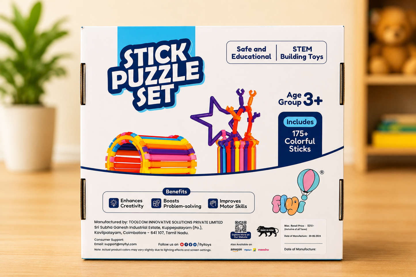 FLYI Stick Puzzle Set – 175+ Colorful STEM Building Sticks for Kids (3+ Years) | Creative Educational Construction Toy