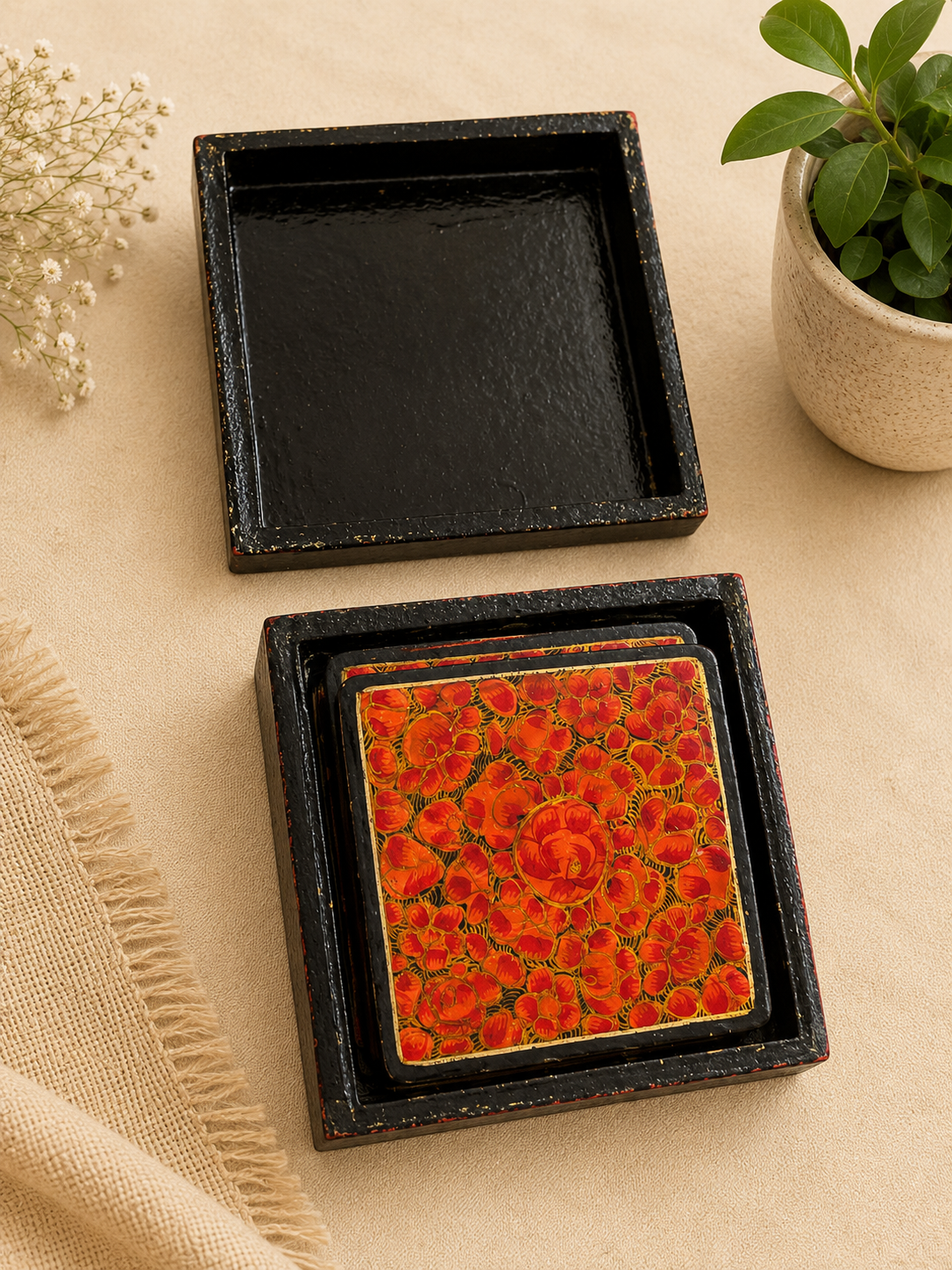 Handcrafted Paper & Ceramic Square Tea Coaster Set with Storage Box – Traditional Floral Design (Set of 6)