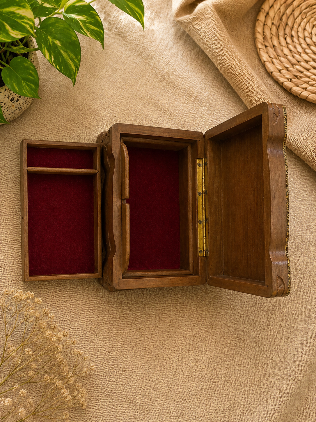 Handcrafted Mahogany Secret Lock Box (Red Flower) with Velvet Interior – Hidden Storage Keepsake Chest