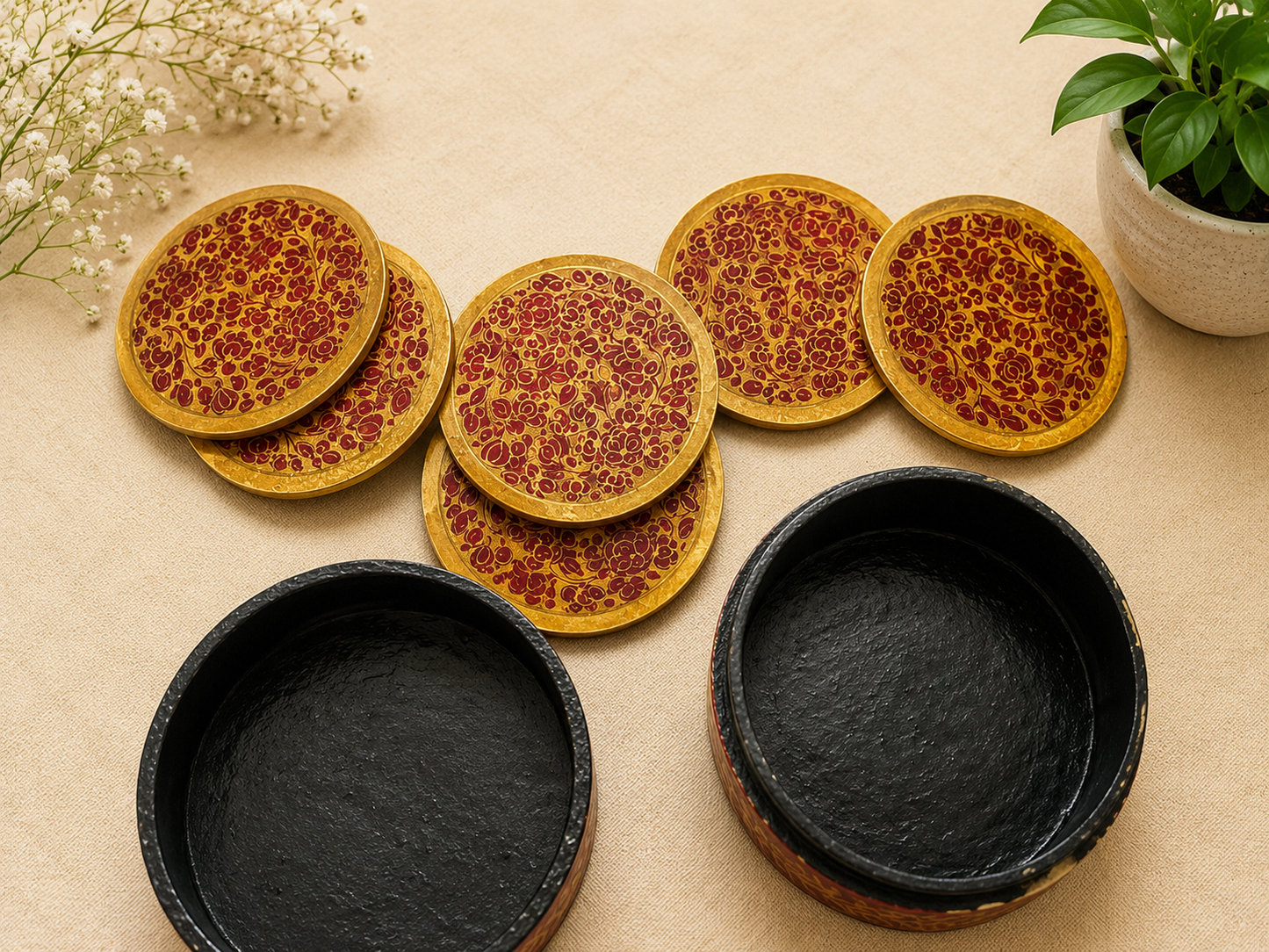 Handcrafted Paper & Ceramic Tea Coaster Set – Traditional Floral Design (Set of 6)