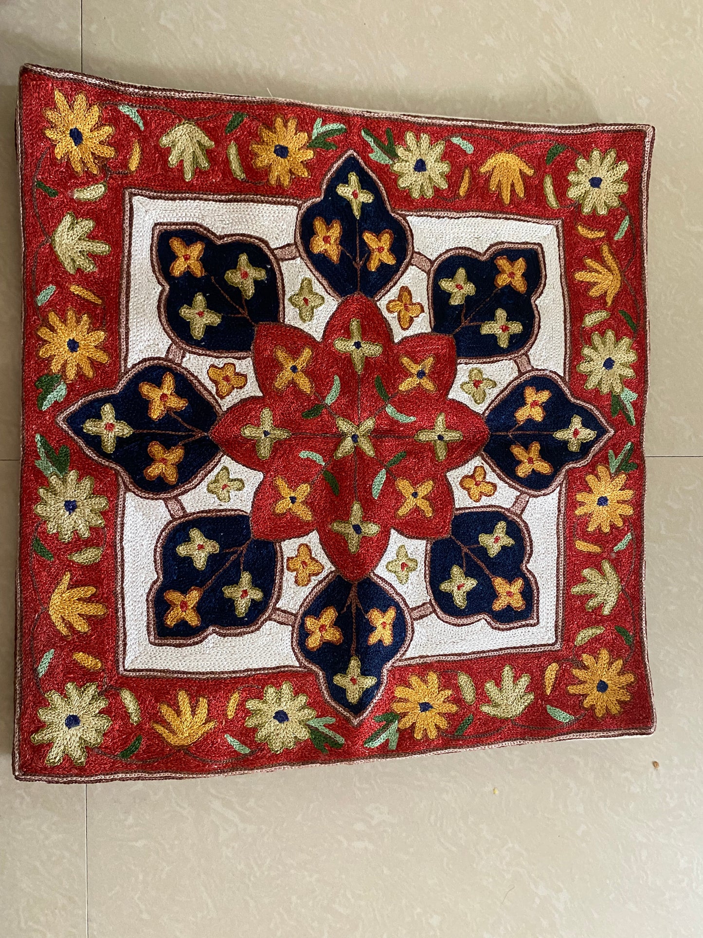 Hand-Stitched Floral Cushion Cover – Premium Cotton & Silk Blend Decorative Cover