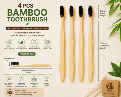 4-Piece Bamboo Toothbrush Combo | Eco-Friendly Soft Bristle Toothbrush (19 cm)