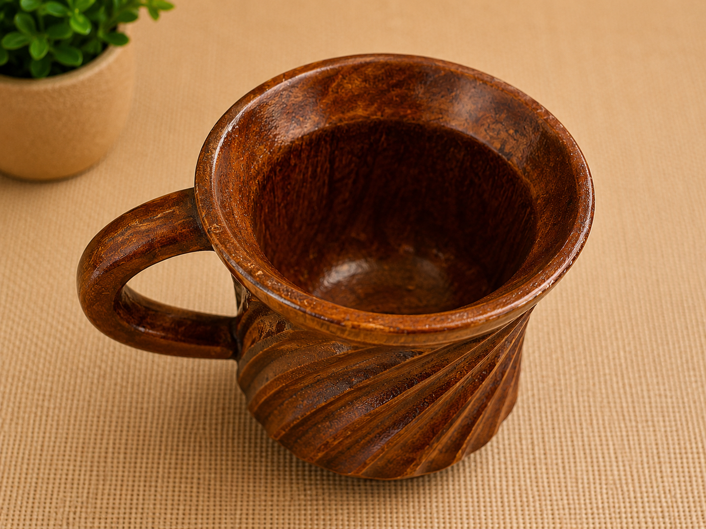 Handcrafted Wooden Coffee Mug – Artisan Carved Wooden Tea Cup curved