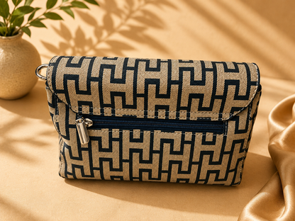 Elegant Geometric Print Women’s Sling Bag – Beige & Navy Blue (original Leather)