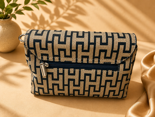 Elegant Geometric Print Women’s Sling Bag – Beige & Navy Blue (original Leather)