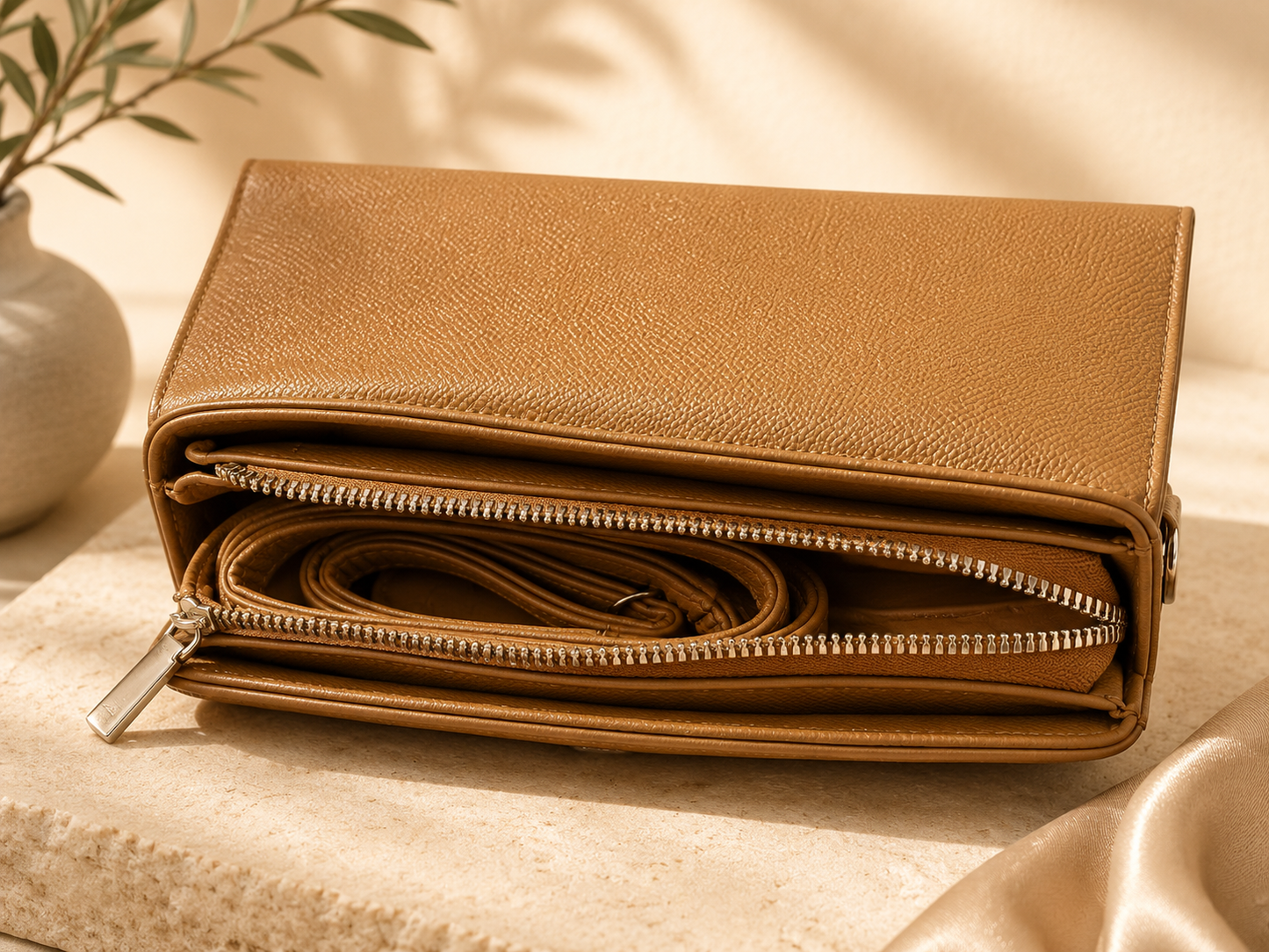 Premium Ambur Leather Ladies Sling Wallet Bag – Tan Brown