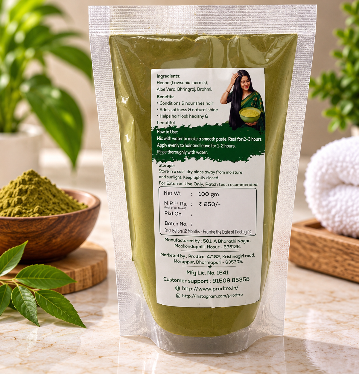 Prodtro Pure Hair Henna Powder with Aloe Vera, Bhringraj & Brahmi | Natural Hair Conditioner for Soft, Shiny & Healthy-Looking Hair | 100 gm
