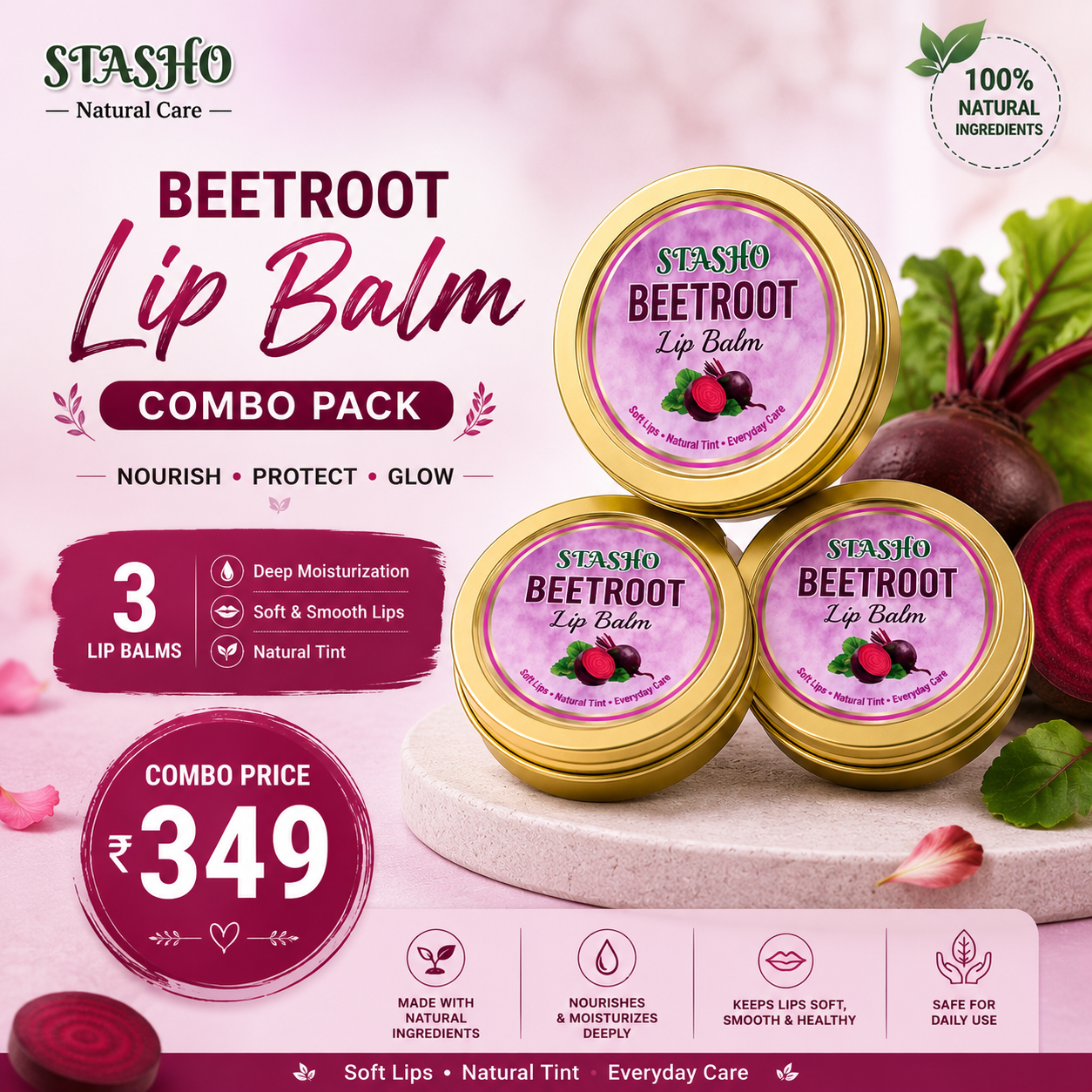 Stasho Beetroot Lip Balm Combo Pack (3 Lip Balms) – Natural Lip Care Trio