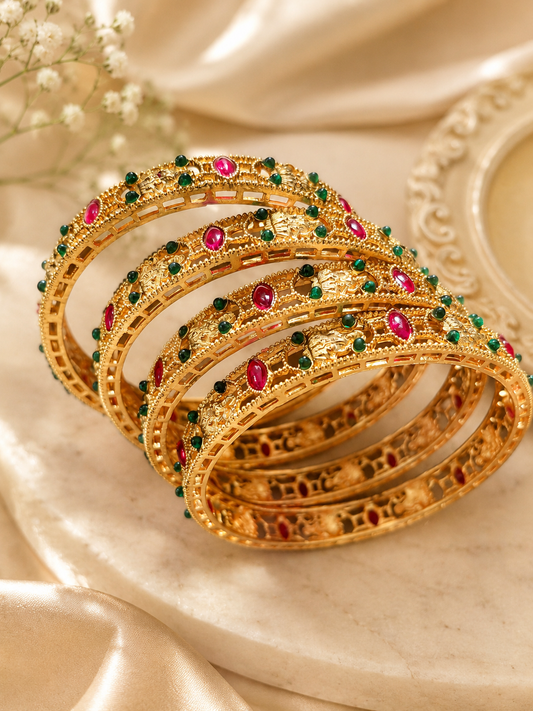 Elegant Gold-Tone Ruby & Emerald Stone Bangles