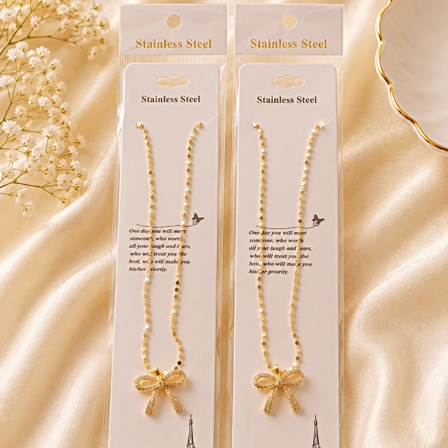 Elegant Gold-Tone Stainless Steel Bow Pendant Necklace