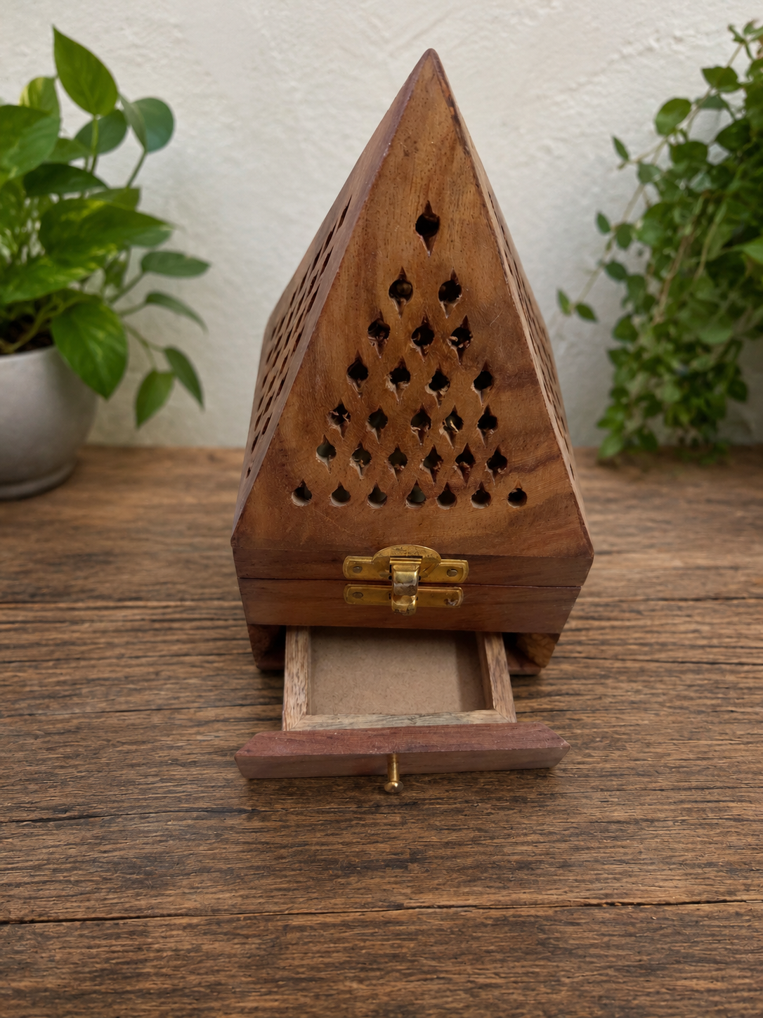 Rustic Handcrafted Wooden Incense Holder Box with Pyramid Design