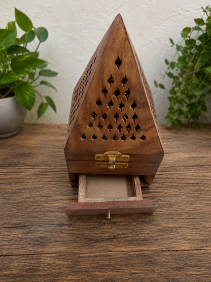 Rustic Handcrafted Wooden Incense Holder Box with Pyramid Design