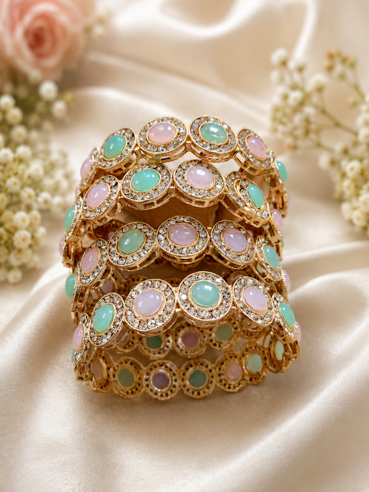 Elegant Pastel Stone Gold-Plated Designer Bangles