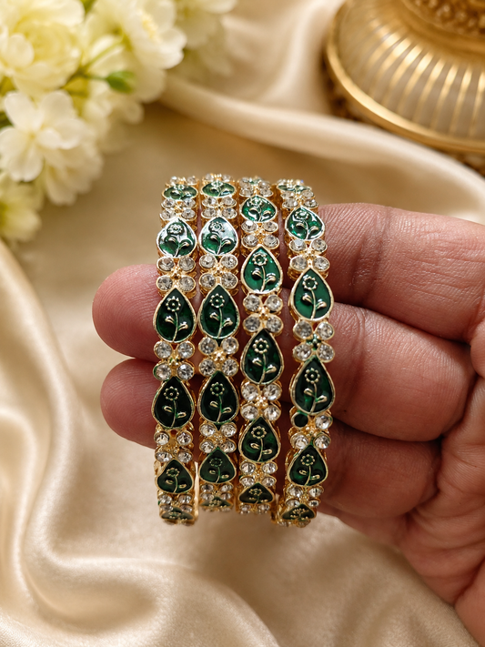 Elegant Green Enamel Gold-Tone Crystal Bangles