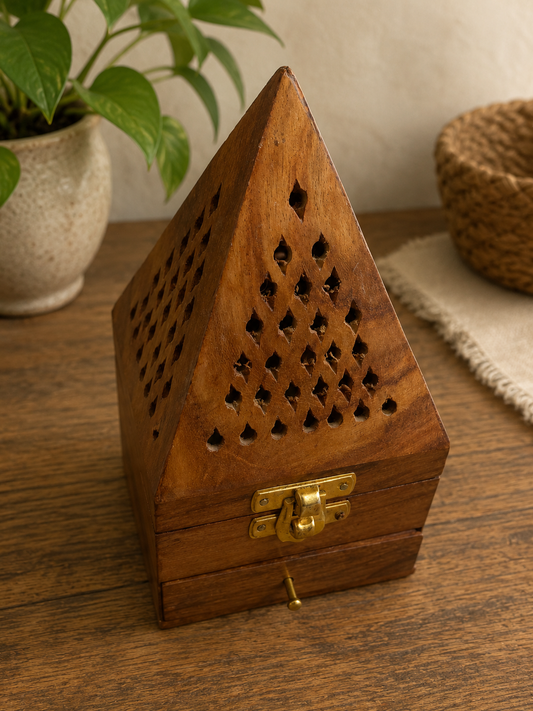 Rustic Handcrafted Wooden Incense Holder Box with Pyramid Design
