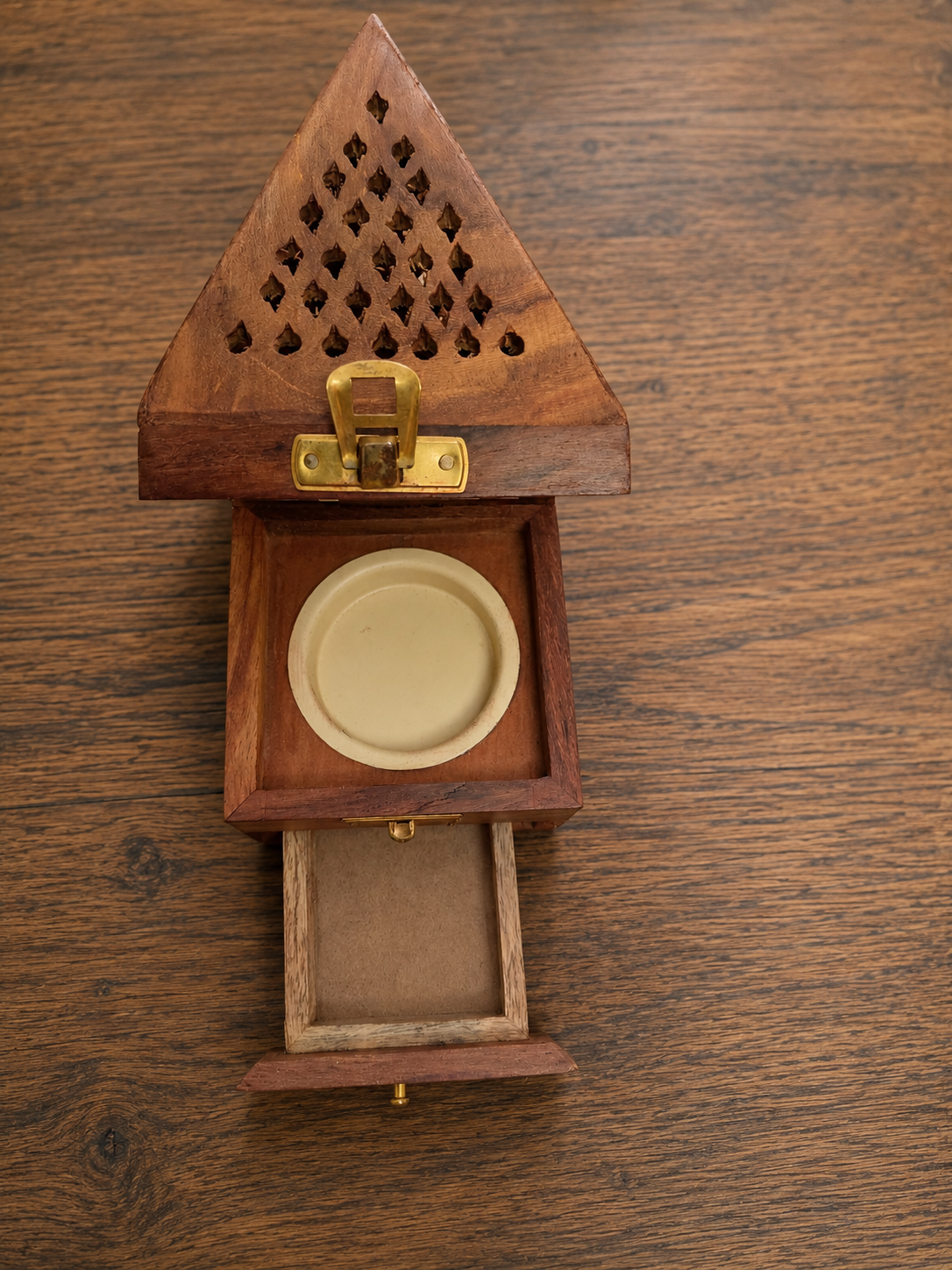 Rustic Handcrafted Wooden Incense Holder Box with Pyramid Design
