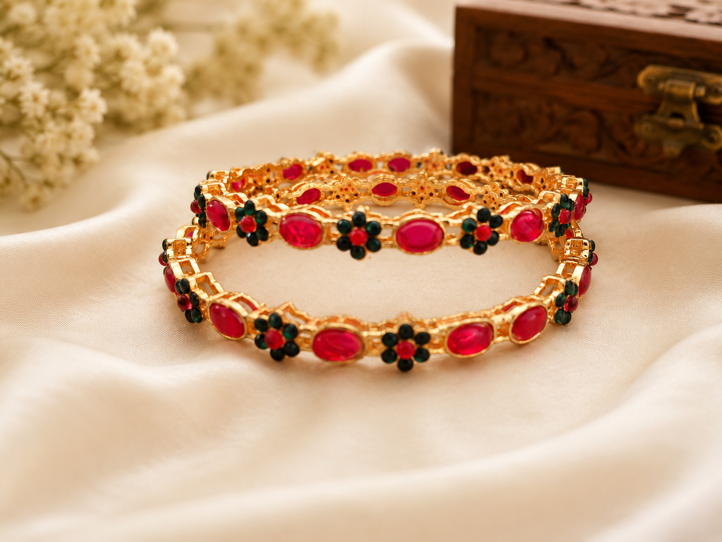 Elegant Gold-Tone Red & Black Stone Bangles