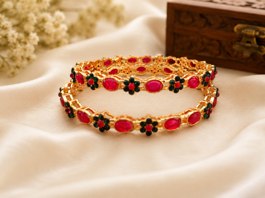 Elegant Gold-Tone Red & Black Stone Bangles