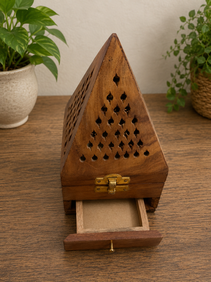 Rustic Handcrafted Wooden Incense Holder Box with Pyramid Design